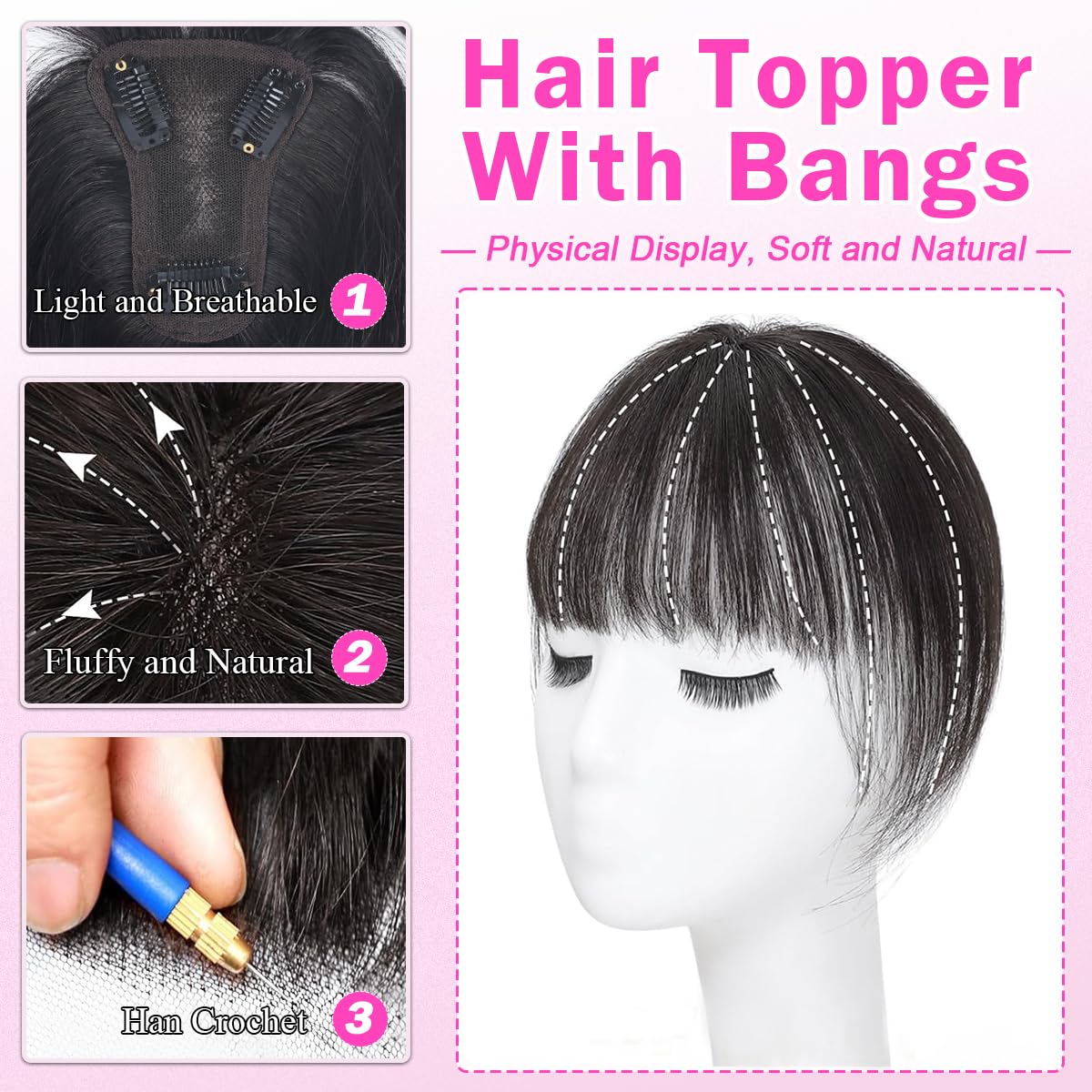 Hair Toppers for Women Real Human Hair 3D Cover Human Topper with Bangs Wispy Bangs