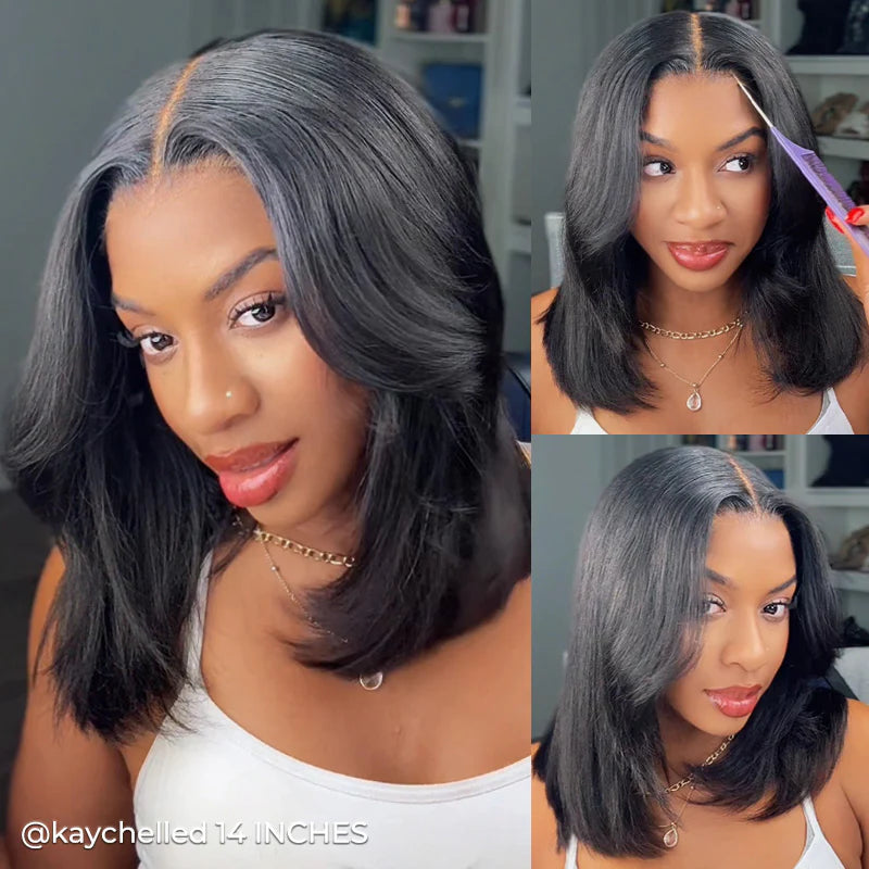 9x6 Tpart Wear Go Layered Cut Bob Yaki Straight Wig Natural Black Deep Part Lace Glueless Wig