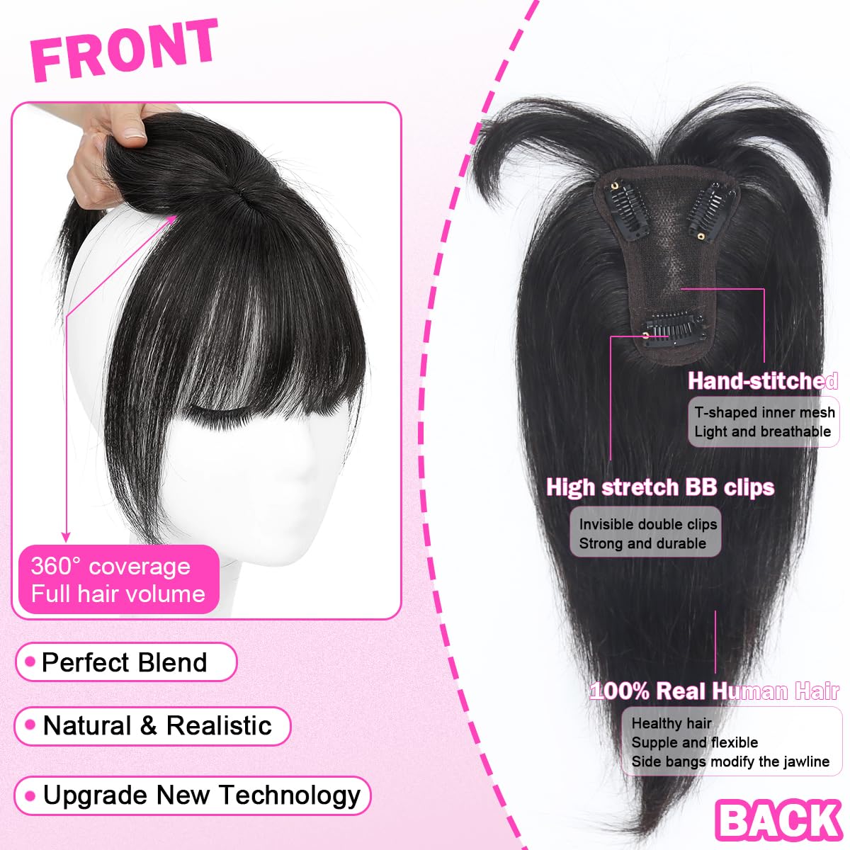 Hair Toppers for Women Real Human Hair 3D Cover Human Topper with Bangs Wispy Bangs