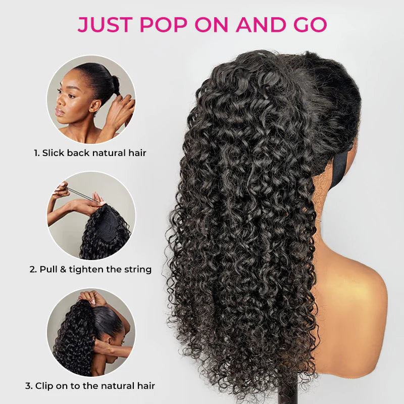 Kinky Curly Ponytail InvisiFit Strap Cap With Clip In 100% Human Hair