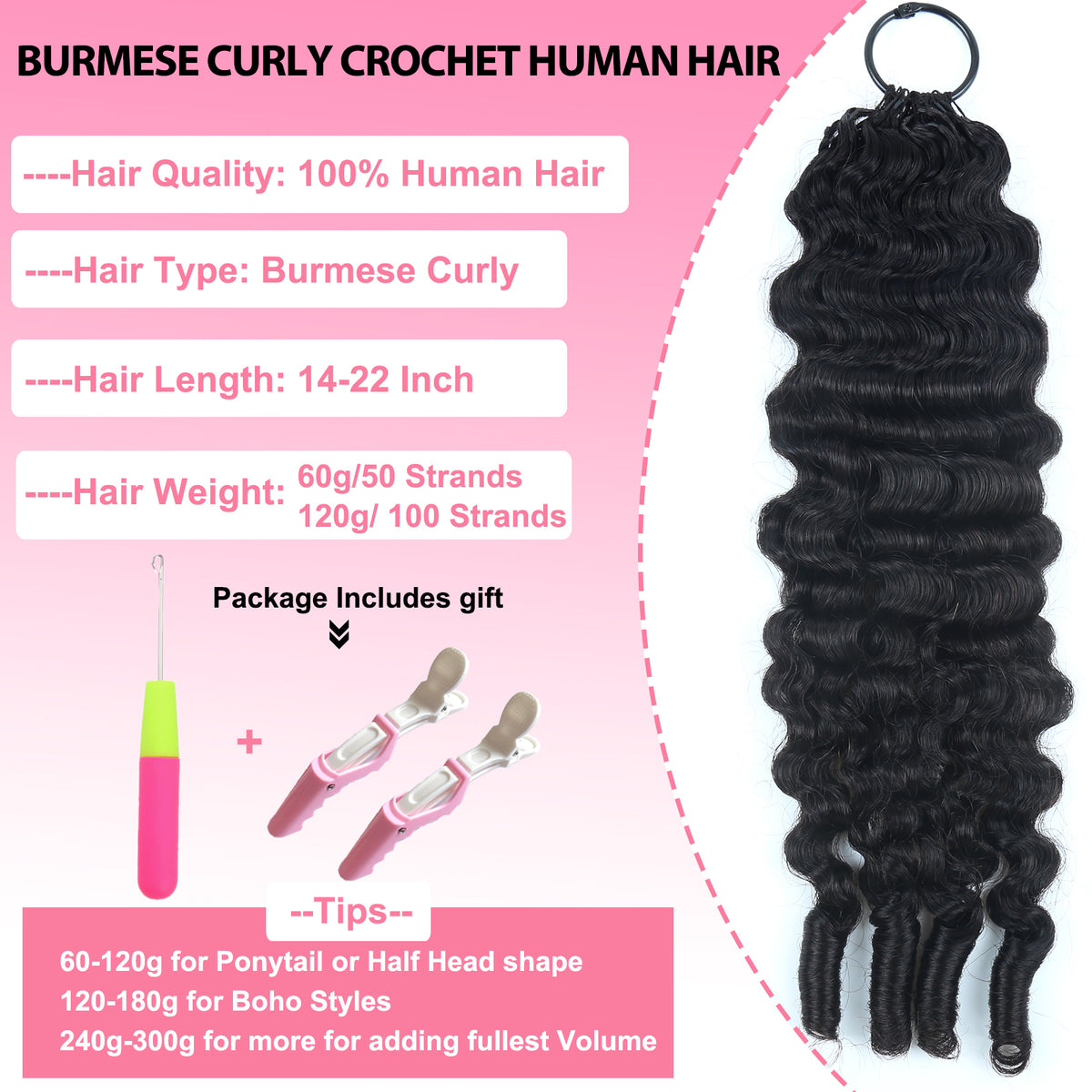Burmese Curly Crochet Human Hair, Designed for Miracle Knots Boho Braids Plush Texture Time-Saving Wear 60g/pack