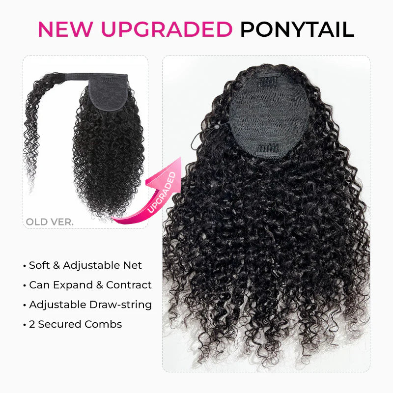 Kinky Curly Ponytail InvisiFit Strap Cap With Clip In 100% Human Hair