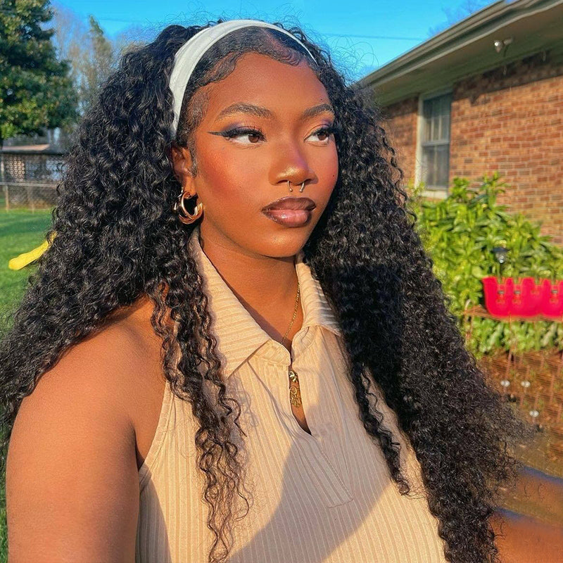 Kinky Curly Headband Wig 180% Density Human Hair Glueless Wig