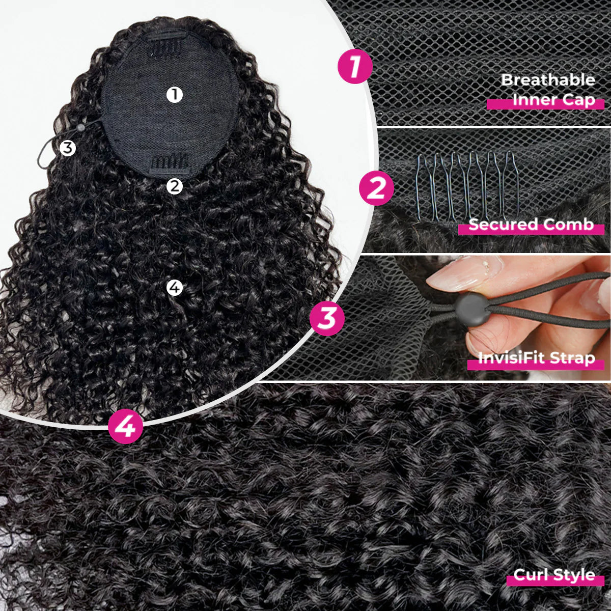 Kinky Curly Ponytail InvisiFit Strap Cap With Clip In 100% Human Hair